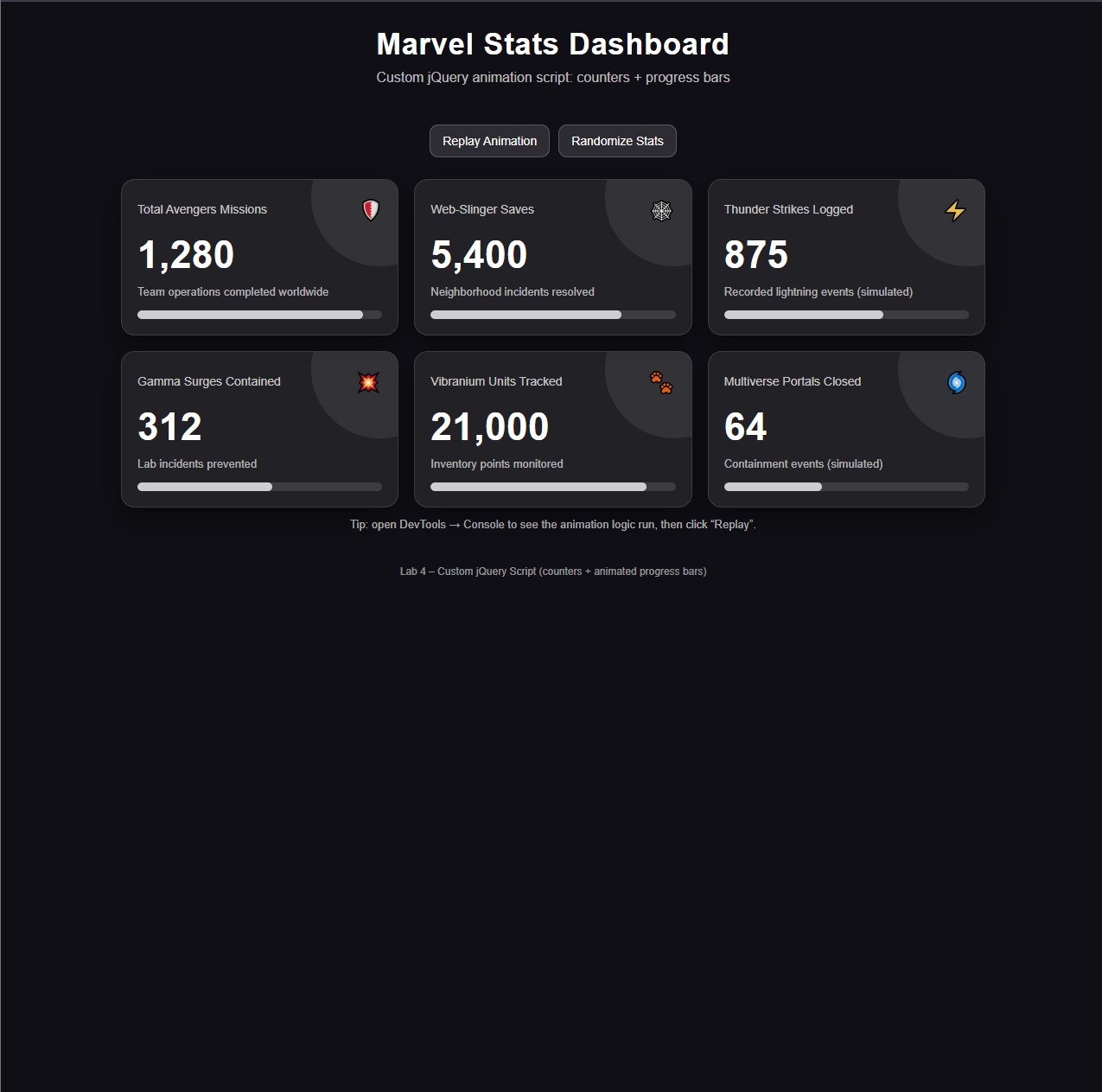 Marvel Stats Dashboard project screenshot
